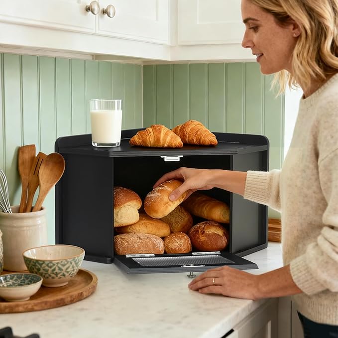 Corner Bread Box for Kitchen Countertop, Wooden Bread Storage for Homemade Bread, Rustic Breadbox with Acrylic Wavy Door, Bread Container for Kitchen Counter Cabinet, Pantry, Cupboard