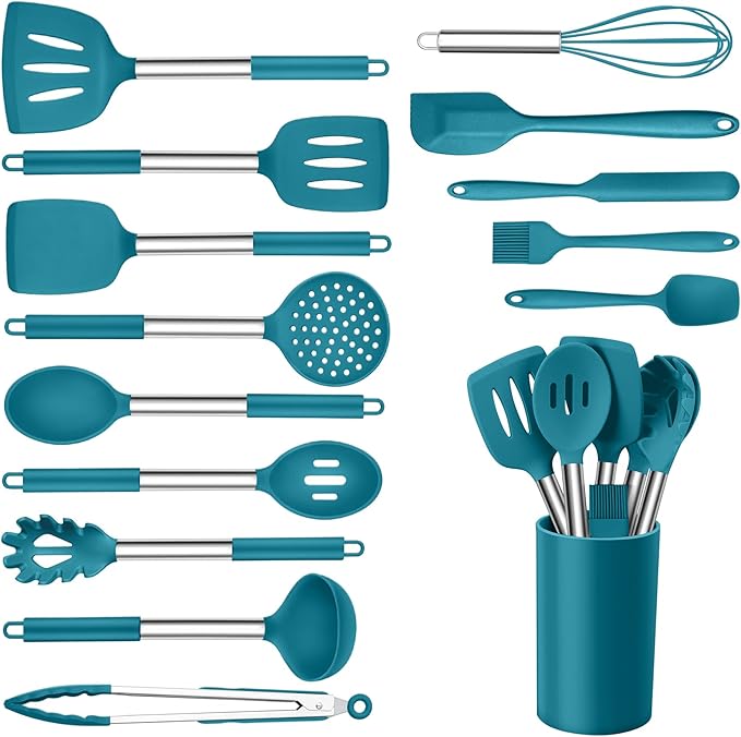 15pcs Kitchen Cooking Utensils Set with Holder, Onader Heat Resistant Silicone Kitchen Utensils Spatula Set with Stainless Steel Handle - Blue