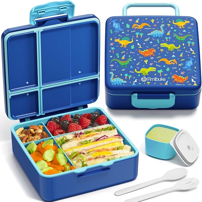 Fimibuke Bento Lunch Box for Kids, Leak Proof Toddler Bento Box with 4 Compartments BPA Free Dishwasher Safe Lunch Container with Utensils, Ideal Portion Sizes for Ages 3-12 Girls Boys for School