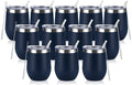 12 Pack Stainless Steel Wine Tumblers, 12Oz Double Wall Vacuum Insulated Wine Tumblers with Lids and Straws, Stainless Steel Stemless Wine Glasses for Coffee, Wine, Cocktails, Champaign, Navy Blue…