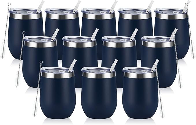 12 Pack Stainless Steel Wine Tumblers, 12Oz Double Wall Vacuum Insulated Wine Tumblers with Lids and Straws, Stainless Steel Stemless Wine Glasses for Coffee, Wine, Cocktails, Champaign, Navy Blue…
