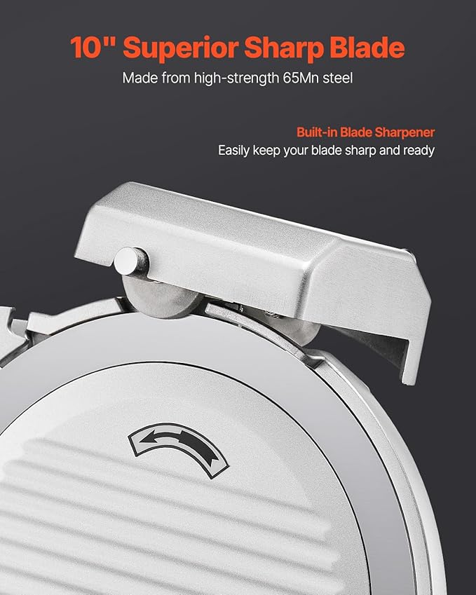 VEVOR Commercial Meat Slicer, 10 inch Electric Deli Food Slicer, 180W Cutter with a Premium 65Mn Blade, 0-0.4 inch Adjustable Thickness, Food Slicer Machine for Meat Vegetables Hard Bread Cheese