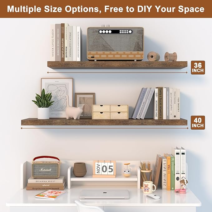 12 Inch Deep Floating Shelves for Wall 2 Pack Floating Shelfs Large Storage Space Wall Decor Display Shelf for Bathroom Living Room Bedroom Kitchen 40" W x 12" D x 1.2" H Rustic Brown