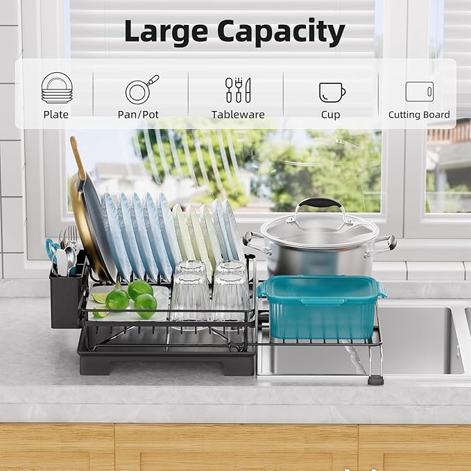 Simple Trending Dish Rack, Extendable Sink Dish Drying Rack for Kitchen Counter, Large Anti-Rust Dish Drainer with Utensil Holder, Black