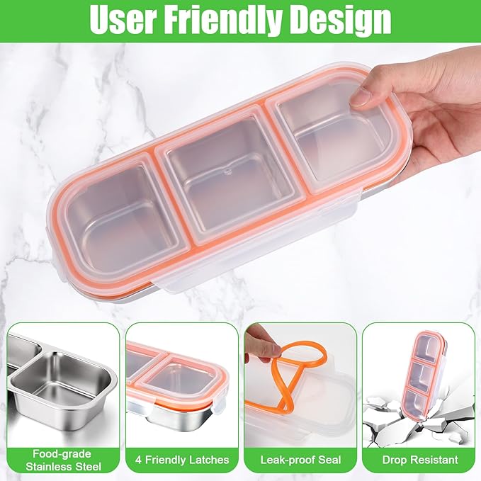 Palksky Snackle Box Container Stainless Steel, Reusable Snack Containers with Lids, 3 Compartment Divided Food Storage Containers for School, Home, Travel