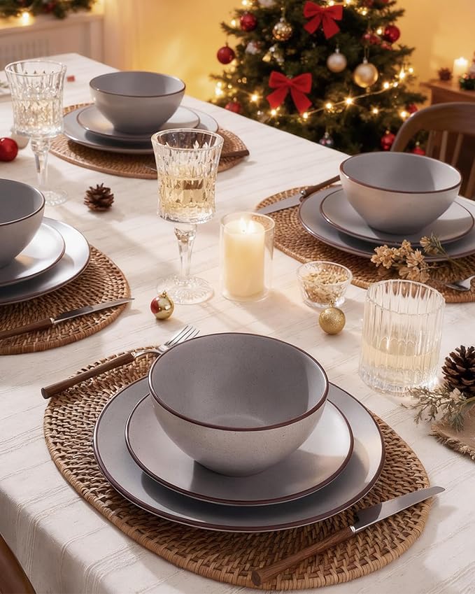 Famiware Venus Plates and Bowls Sets, 12 Pieces Stoneware Speckled Dinnerware Sets, Dishes Set for 4, Microwave and Dishwasher Safe, Matte Light Grey