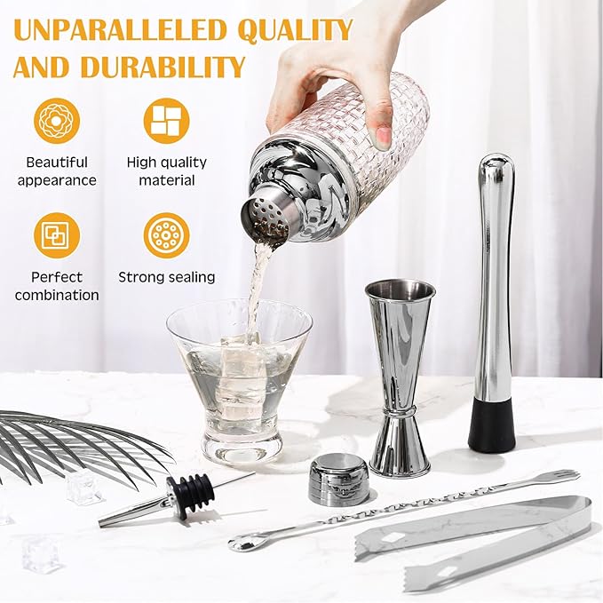 Pickmesh 9 Pcs Cocktail Shaker Set 13 oz Glass Cocktail Shaker with Built-in Strainer, 2 Martini Glasses, Shakers Bartending Drink Mixer Set Drink Mixer Gifts for Dad, Boyfriend, Husband(Silver)