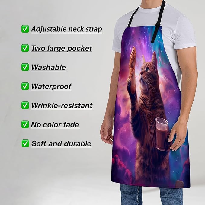 Cosmic Cat with Baguetter Apron for Women, 28x33in, Kitchen Chef Aprons with 2 Pockets, Polyester, Space Cat Apron for Cooking BBQ Baking Gardening Chef, Gifts for Mom Wife Dad