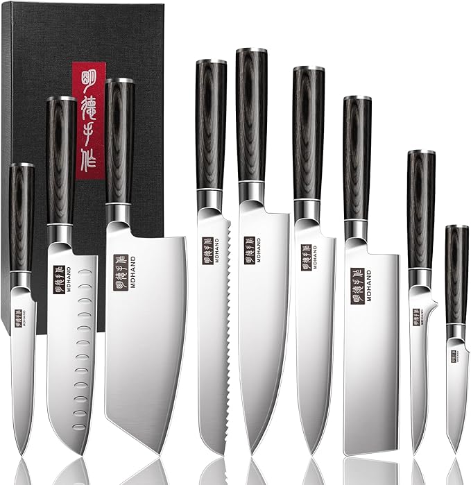 MDHAND Knife Set, 9PCS Professional Japanese Kitchen Knife Set, High Carbon Stainless Steel Chef Knife Sets - Pakkawood Handle for Professional Chef, Camping, Cooking, Dishwasher Safe, Elegant Box