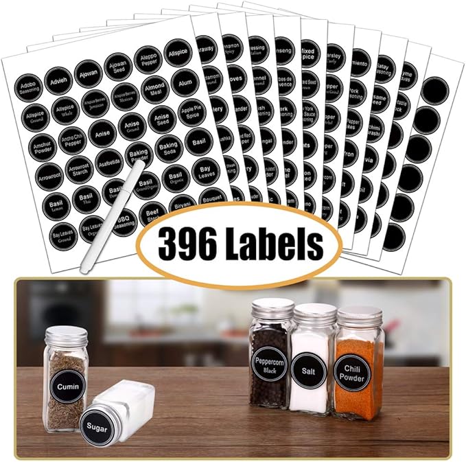 SWOMMOLY Spice Rack Organizer with 24 Empty Glass Spice Jars, 396 Spice Labels with Chalk Marker and Funnel Complete Set, for Countertop, Cabinet or Wall Mount, Silver
