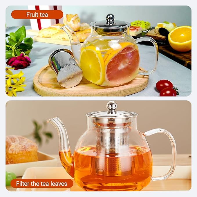 1100ml Glass Teapot with Removable Infuser,37oz Borosilicate Clear Tea Kettle,Stovetop Microwave Safe,Blooming and Loose Leaf Tea Maker Gift