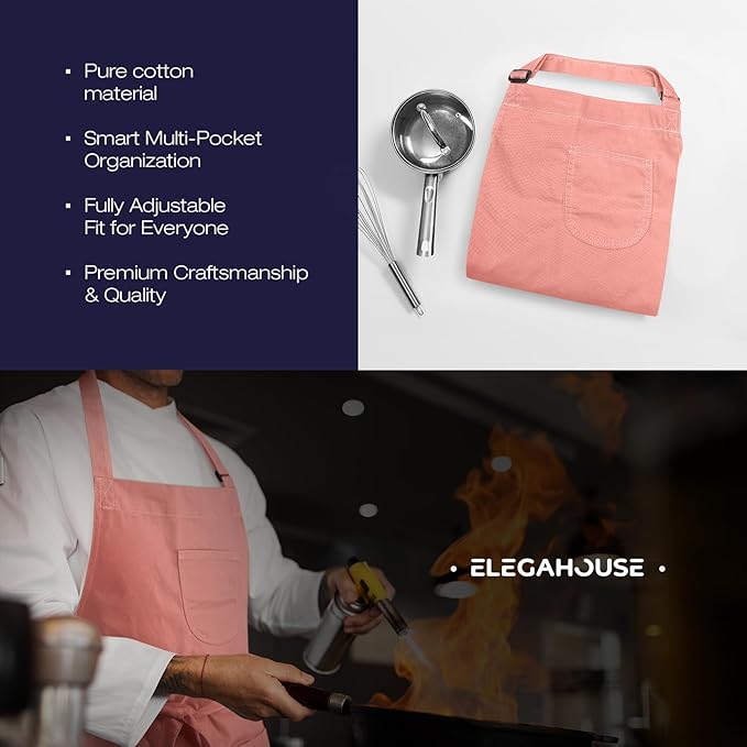Unisex Apron with Pockets for Cooking, Salon & Art - 100% Cotton Adult Kitchen, Chef, Stylist Apron (Pink)
