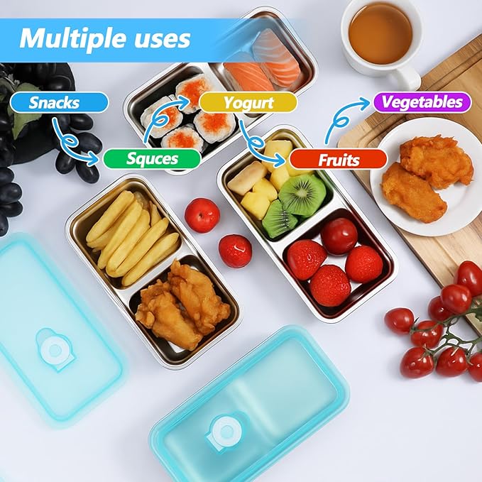 4PCS Metal Snack Containers with Lids, Reusable Stainless Steel Double Compartment Snack Box, Grab and Go Food Containers Compartment box with Lids For Travel and Outdoor Camping