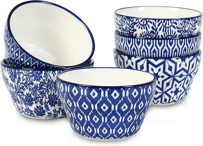 Selamica Ceramic 8oz Bouillon Cups 4 Inch Small Bowls, Dessert bowls for Soup Dipping Sauce Coffee Cupping, Microwave Dishwasher Safe, Set of 6, Vintage Blue