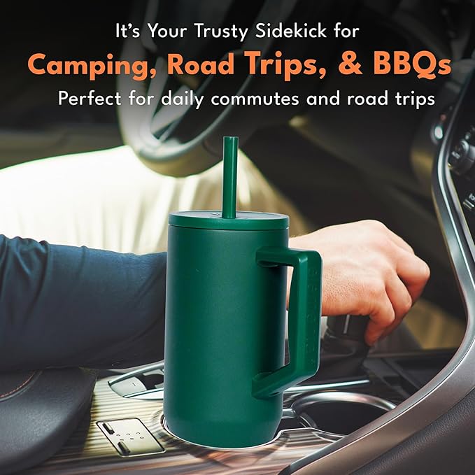 Elemental 40 oz Tumbler with Handle and Straw - Spill Proof Insulated Stainless Steel Commuter for Hot and Cold Beverages - Travel Coffee Mug with 2 Straws & Spill Proof Lid - 40oz - Forest Green