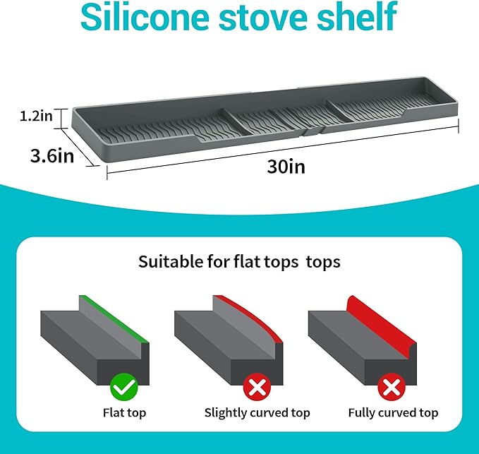 30" Stove Top Shelf, Soft and Heat Resistant,With 6 Suction Points,Fixed 3 Compartment Design For Storing Spices And Cooking Tools, Space Saving, Suitable For The Back Of The Stove,Grey.