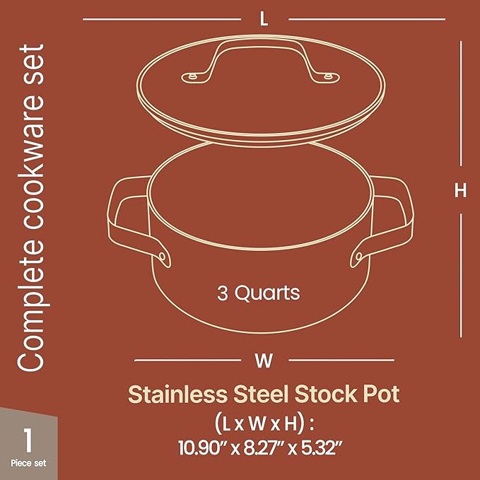 Bakken 3 Quart Ceramic Coated Stock Pot with Lid, Easy to Clean Nonstick Pot, Tempered Glass Lid, Riveted Stainless Steel Handles, Oven Safe Up To 500°F, PTFE & PFAS Free, All Stove Compatible, Blue