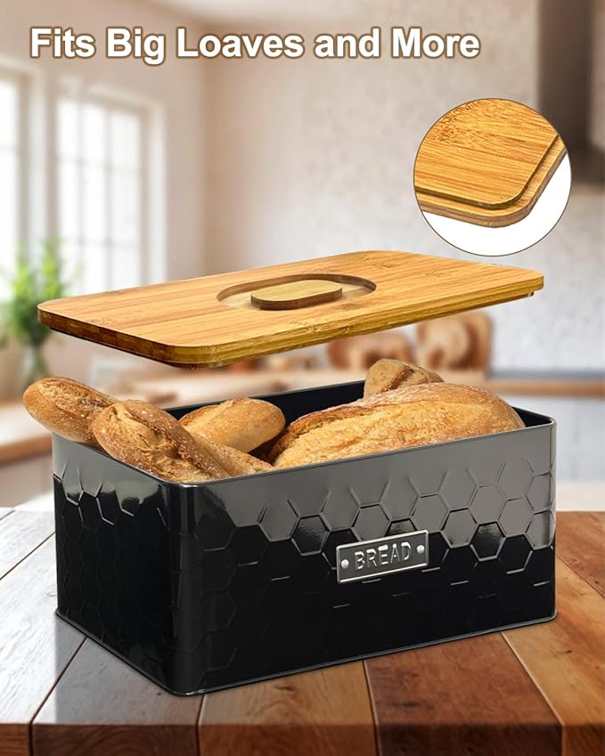 vensovo Bread Box for Countertop – Large Black Metal Bread Bin with Bamboo Cutting Board Lid, Farmhouse Bread Storage Container for Homemade Bread, Baked Goods & Kitchen Counter Organization