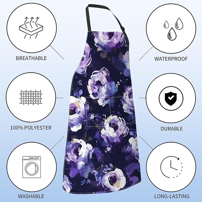 Floral Apron for Women with Purple Rose,28x33in,Elegant Flower Kitchen Aprons with 2 Pockets, Oxford Fabric,Dark Adjustable Apron for Cooking Baking Gardening Chef,Gifts for Mom Wife