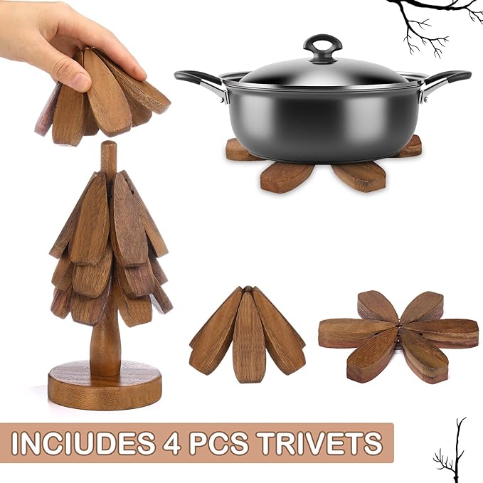 Wooden Christmas Tree Coaster Trivets Wood Trivets Set for Hot Dishes Set of 4 Christmas Tree Shape Foldable Wooden Coaster and 1 Stand Natural Trivet for Cups Plates Bowls Pots(Black Walnut Color)
