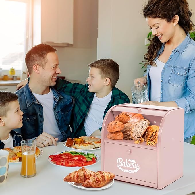 Bread Box, Metal Bread Box For Kitchen Countertop, Bread Storage Container Holds 2 Loaves Of Bread, High Capacity Breadbox, Bread Holder Suit Farmhouse Kitchen Decor For Counter (Pink)
