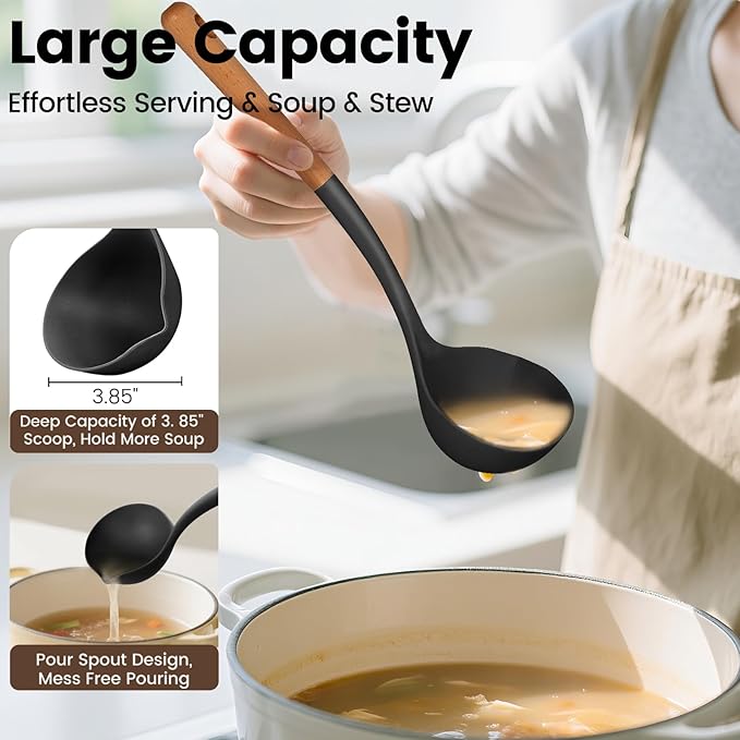 Silicone Soup Ladle Spoon, Kitchen Soup Cooking Spoons Set, Large Spaghetti spoon, Nonstick Pasta Spoon, Heat Resistant Pasta Fork for Serving Soup, Noodle, Sauce