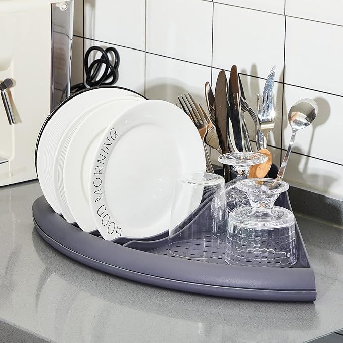 2 Pack Gray Corner Dish Racks Organizer Triangular Sink Counter Drying Rack Plastic Corner Dish Utensil Holder for Plates Bowls Utensils Knives Space Saving Kitchen, 13.7 × 13.7 inch