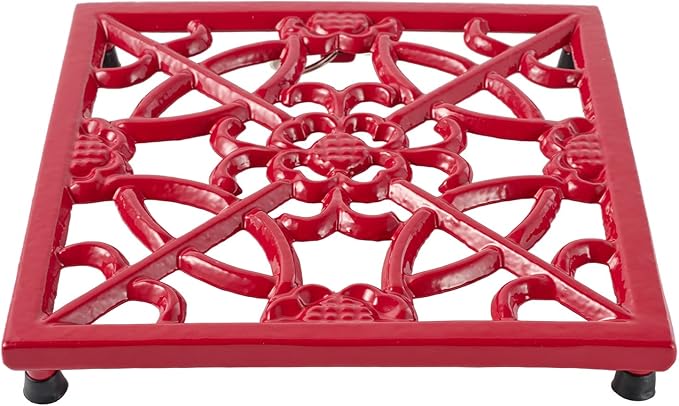 JOGREFUL Cast Iron Trivet Mats, Kitchen Pot Holders to Portect Table/Countertops, Heat Resistant Mats for Teapot/Hot Dishers/Plates, Vintage Mats with Weighted-Base, Flower Red