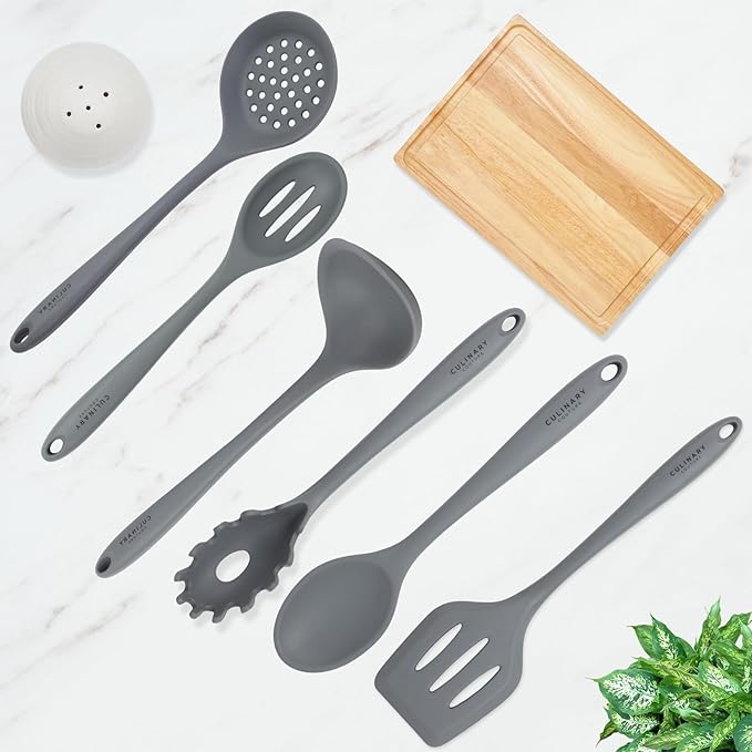 Culinary Couture Grey Silicone Kitchen Utensils Set of 6, Non-Stick Heat-Resistant Silicone Kitchen Utensils Set with Steel Inner Core