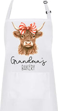 Mommy and Me Highland Cow with Peppermint Swirl Bow Apron Set – Matching Christmas Baking Aprons, Cow Kitchen Gift