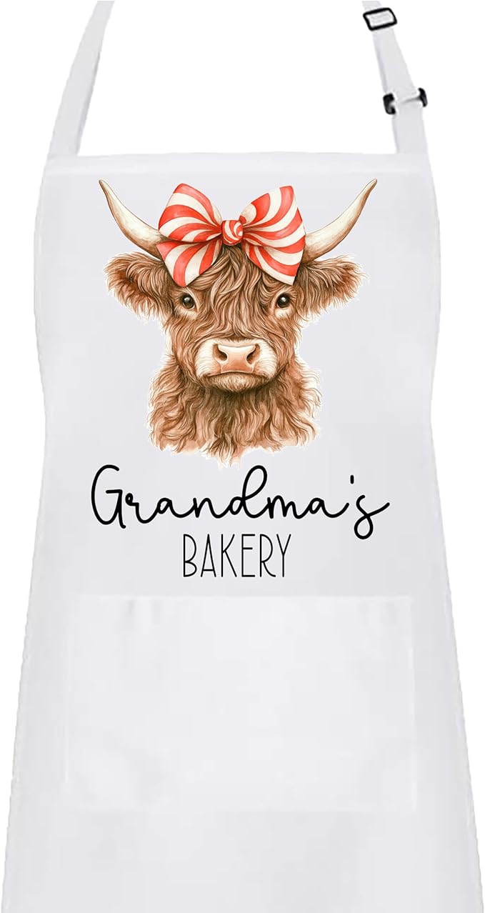 Mommy and Me Highland Cow with Peppermint Swirl Bow Apron Set – Matching Christmas Baking Aprons, Cow Kitchen Gift