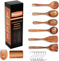8 PCs Teak Wooden Utensil Set with Hooks, Wooden Spoons for Cooking, Wood Cooking Utensils Set, Comfort Grip, Non Stick Cookware, Easy to Clean, Kitchen Stuff, Wood Spatula