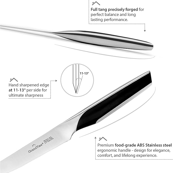 GRANDTIES FEINSTE Ultra Sharp Steak Knives Set of 4 – High Carbon German Stainless Steel, Non-Serrated, Full Tang – Premium Dinnerware Gift Set with Designed Gift Box
