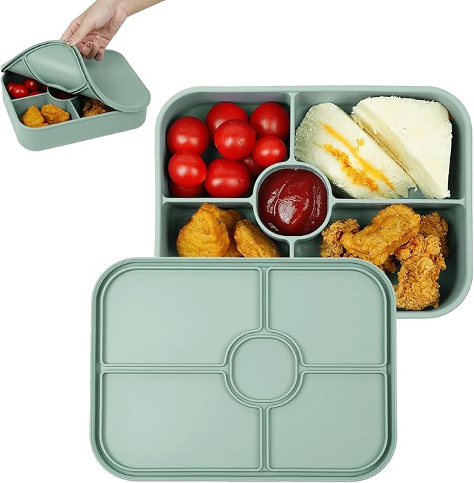 4 Compartment Lunch Box with Sauce Compartment, Leakproof Silicone Bento Box Adult, BPA-Free, 45oz Reusable Meal Prep Lunch Containers, Microwave and Dishwasher Safe