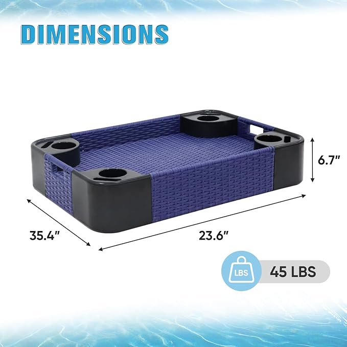 COOS BAY 35''x24'' Rectangular Floating Drink Holder for Pool and Hot Hub, Large Floating Serving Tray with Handles, Wicker Floating Pool Tray for Food and Drinks, Blue