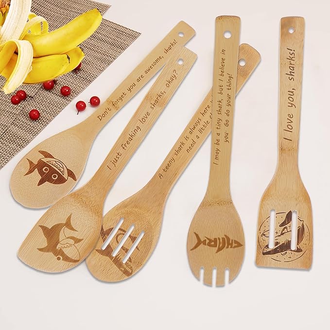 5PCS Shark Wooden Cooking Spoons Set Shark Gifts for Women Kitchen Decor Bamboo Cooking Utensil Spoons for Housewarming Wedding Anniversary Thanksgiving Christmas Gifts Mom Women