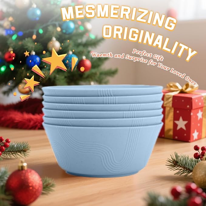 Homienly Wheat Straw Bowls 36 Oz Set of 6 - Unbreakable Microwave Safe Soup Bowls & Cereal Bowl, Reusable Plastic Bowls for Kitchen, Dining, Camping, Party, Dishwasher Safe Ramen Bowl (Sky Blue)