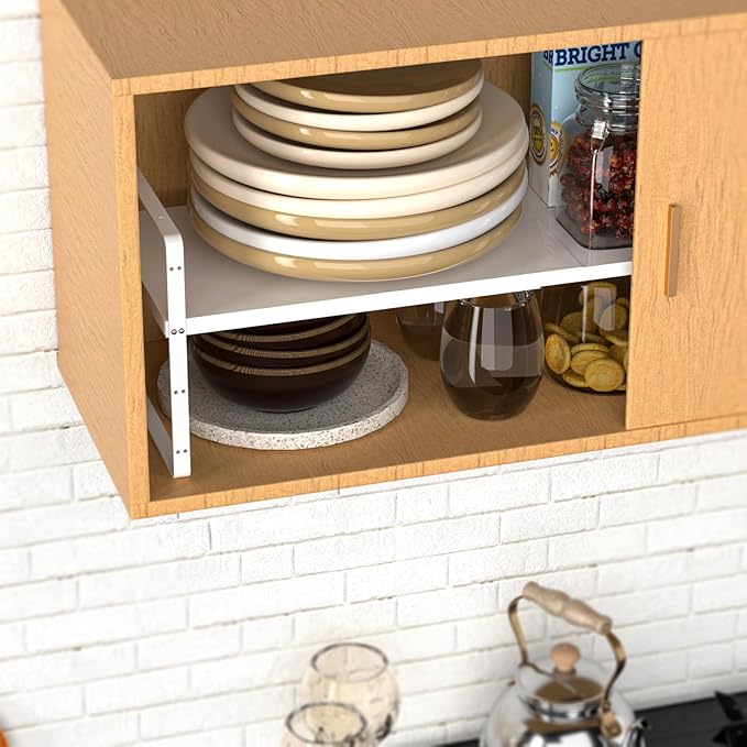 SANNO Expandable Kitchen Shelf Organizers,Cupboard Organizer Rack Space Riser Countertop Kitchen Pantry Cupboard Countertop Shelf Organizers, White, 2 pack