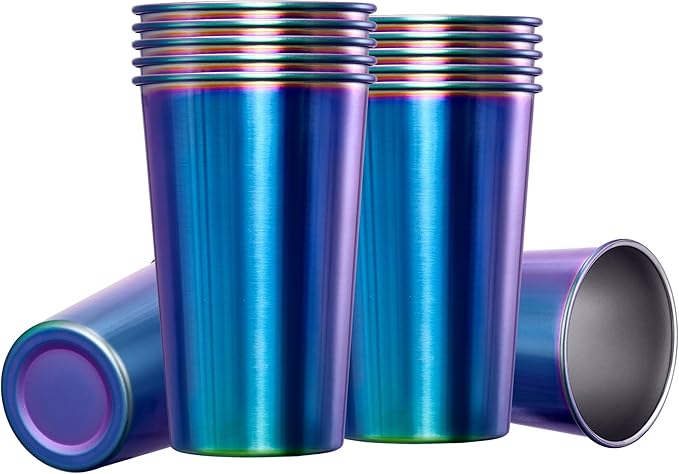 MEWAY 12 Pack 16oz Stainless Steel Pint Cup,Healthy Unbreakable and Stackable,Metal Drinking Glasses，Beer Glasses（Rainbow）
