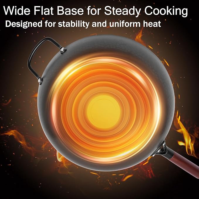 Wrought Iron Flat Bottom Wok with Glass Lid – Detachable Wooden Handle, Non-Coated Naturally Nonstick Frying Pan for Gas, Electric & Induction Stoves (Black Wok with Helper Handle, 13.4 inch)