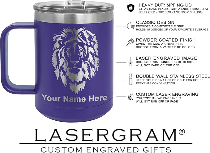 LaserGram 15oz Vacuum Insulated Coffee Mug, Tiki Statue, Personalized Engraving Included (Dark Purple)