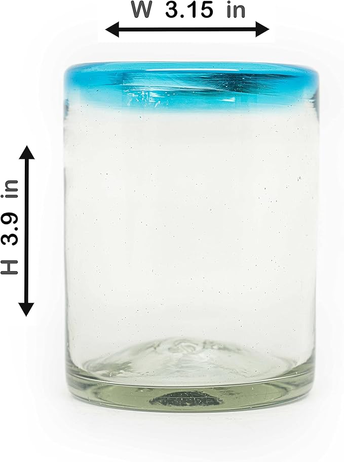 Set of 6 Hand-Blown Tumbler (10 oz) Glasses from Mexico with Aquamarina Rim - Rustic & Handcrafted Recycled Bubble Glass Drinking Glassware