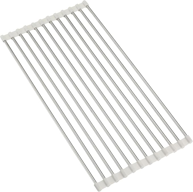 Roll Up Dish Drying Rack, Over Sink Multipurpose Rack, 17.6" x 9.3" Stainless Steel Foldable Dish Drainer, White