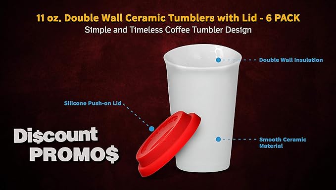 DISCOUNT PROMOS 11 oz. Double Wall Ceramic Tumblers with Lid - 6 Pack - Red