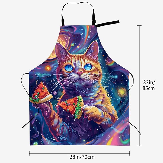 Cosmic Pizza Cat Apron for Women, 28x33in, Kitchen Chef Aprons with 2 Pockets, Polyester, Cute Cat Apron for Cooking BBQ Baking Gardening Chef, Gifts for Mom Wife Dad