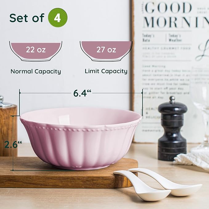 Ceramic Soup Serving Bowls for Kitchen, 6.4 Inch, Set of 4, Cereal Bowl Porcelain, Oven & Microwave Safe, Red