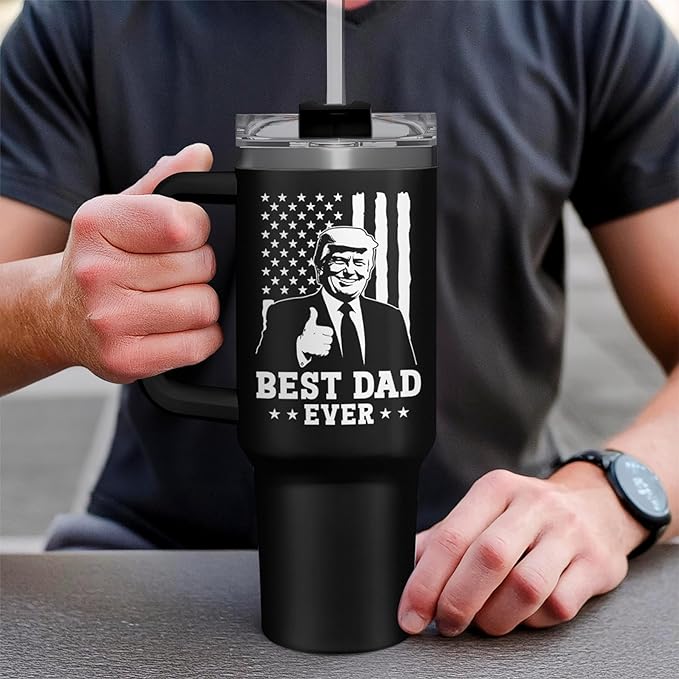 wowcugi Best Dad Ever Tumbler with Handle 40oz, Trump Dad Gifts for Birthday Christmas Fathers Day, Gift for Dads from Daughter Son