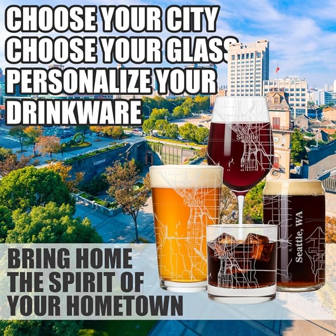 Blue Ridge Mountain Gifts - Seattle Souvenir - Washington Glassware Gift, Etched City Map, Laser Engraved and Dishwasher Safe
