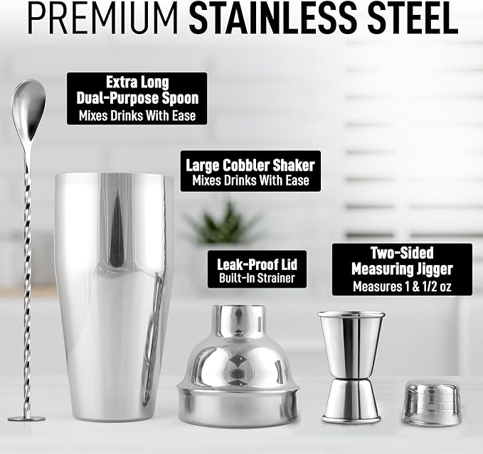 Zulay Kitchen 24oz Stainless Steel Cocktail Shaker Set – Professional Martini & Margarita Shaker with Built-in Strainer, Double-Sided Jigger, Muddler & Mixing Spoon – Bartender Kit for Mixed Drinks