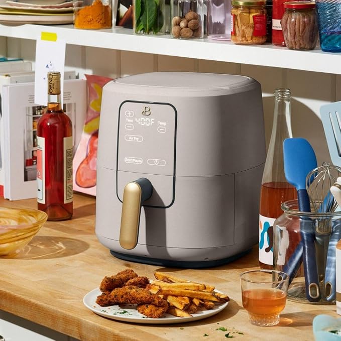 Beautiful by Drew Barrymore 6-Quart Digital Air Fryer, TurboCrisp Technology, Touch-Activated Display, 1750W, 90–400°F, Dishwasher-Safe Basket (PORCINI TAUPE)